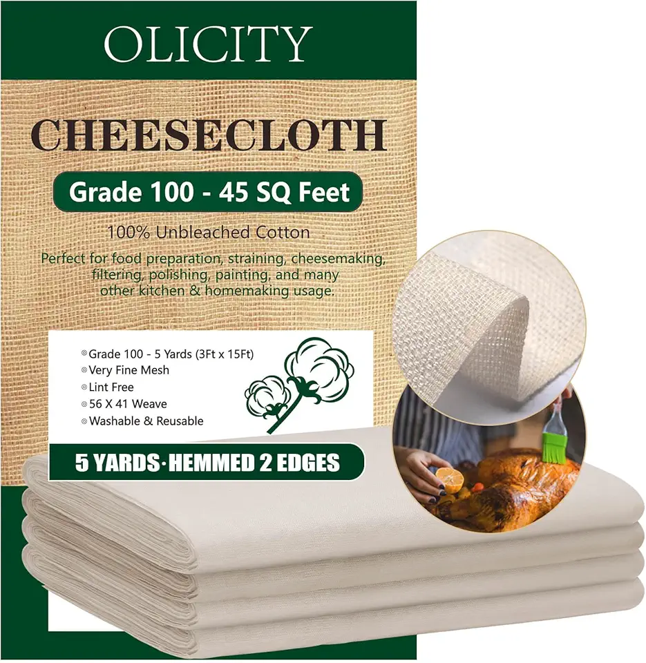 Olicity Cheese Cloths, Grade 100, 3x15Ft, 45 Sq Feet, Hemmed Long Edges Cheese Cloth Fabric Fine Mesh Cloth,Reusable 100% Cotton Unbleached Muslin Cheesecloth for Straining, Cooking - 5 Yards