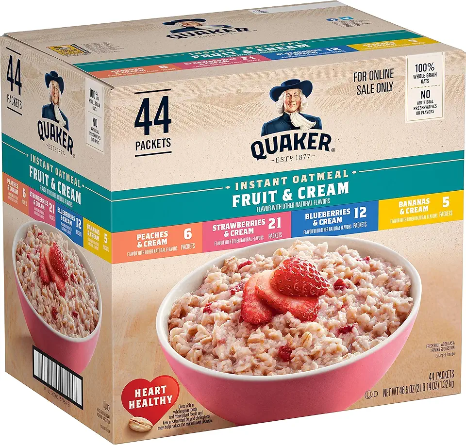 Quaker Instant Oatmeal Fruit &amp; Cream Variety Pack, Single Serve Packets, (44 Pack)