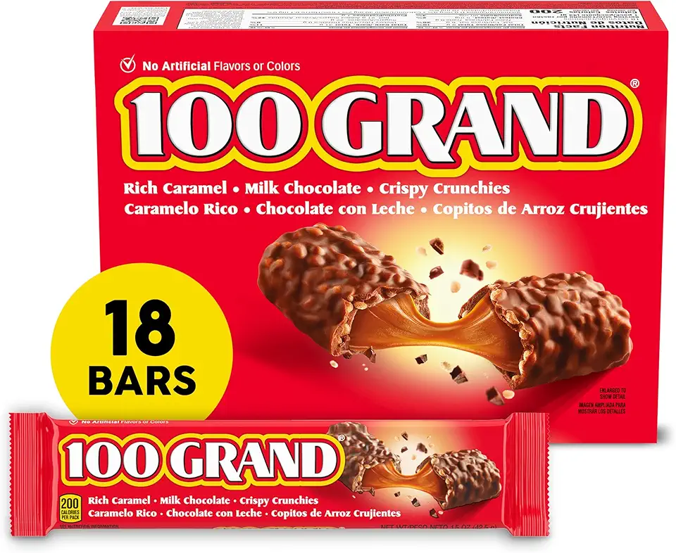 100 Grand Crispy Milk Chocolate with Caramel, Full Size Individually Wrapped Candy Bars, 1.5 oz each, Bulk 18 Count Box