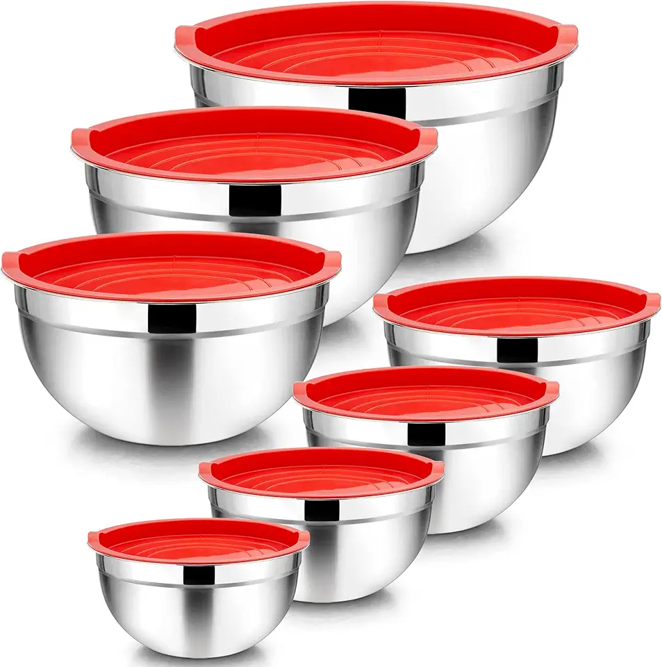 TeamFar Mixing Bowls, 7, 4.5, 3, 2.5, 1.5, 1.2, 0.7 QT Stainless Steel Metal Salad Mixing Bowls with Lid Set of 7, Ideal for Tossing Serving, Non-Toxic &amp; Sturdy, Easy Clean, Red