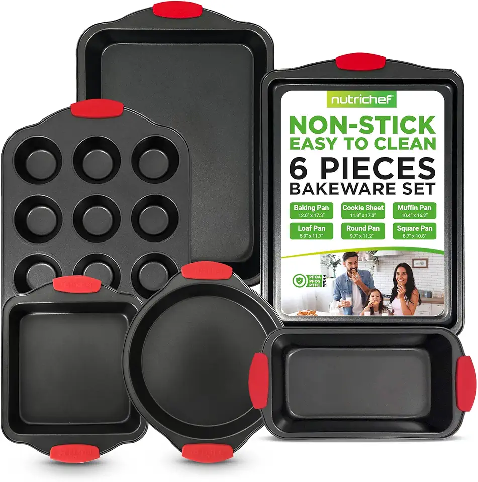 NutriChef 6-Piece Nonstick Bakeware Set - Carbon Steel Baking Tray Set w/ Heatsafe Red Silicone Handles, Oven Safe Up to 450°F, Loaf Muffin Round/Square Pans, Cookie Sheet, Baking Pan -NCSBS6S,Black