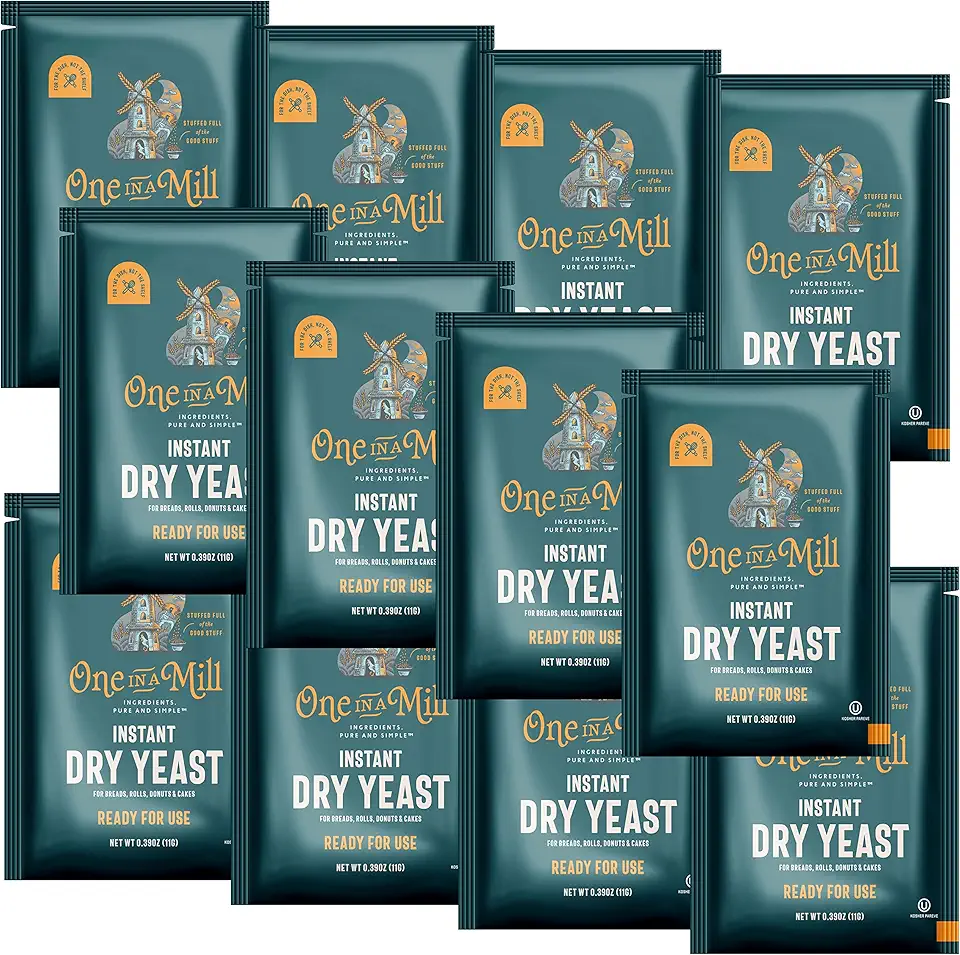 One in a Mill Instant Dry Yeast Packets | Fast Acting Self Rising Yeast for Baking Bread, Cake, Pizza Dough Crust | Kosher | Quick Rapid Rise Leavening Agent for Pastries | 12 Packets