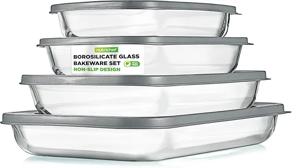 NutriChef 4-Piece Glass Baking Dish with Lids - Stackable Rectangular Glass Oven Bakeware w/Grey BPA-Free Lids - Baking Pans for Lasagna, Meatloaf, Casserole, Leftovers, &amp; More, Dishwasher Safe