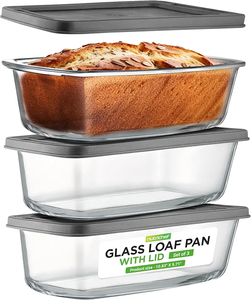 NutriChef 3-Piece Glass Loaf Pan Set - 1.9 QT Premium Stackable Food Containers w/ Airtight Locking Lid - Oven, Microwave, &amp; Dishwasher Safe - 62oz Bread Pan Dish, Clear Glass