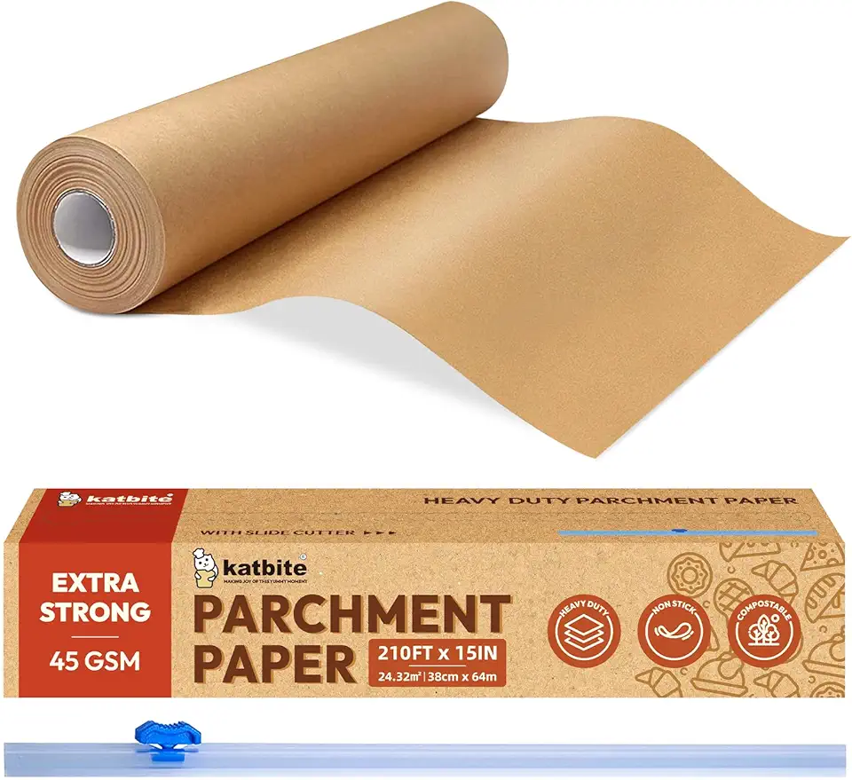 Katbite Unbleached Parchment Paper for Baking, 15 in x 210 ft, 260 Sq.Ft, Heavy Duty Baking Paper with Slide Cutter, Non-stick Brown Parchment Paper Roll for Cooking, Air Fryer, Steaming, Baking Bread