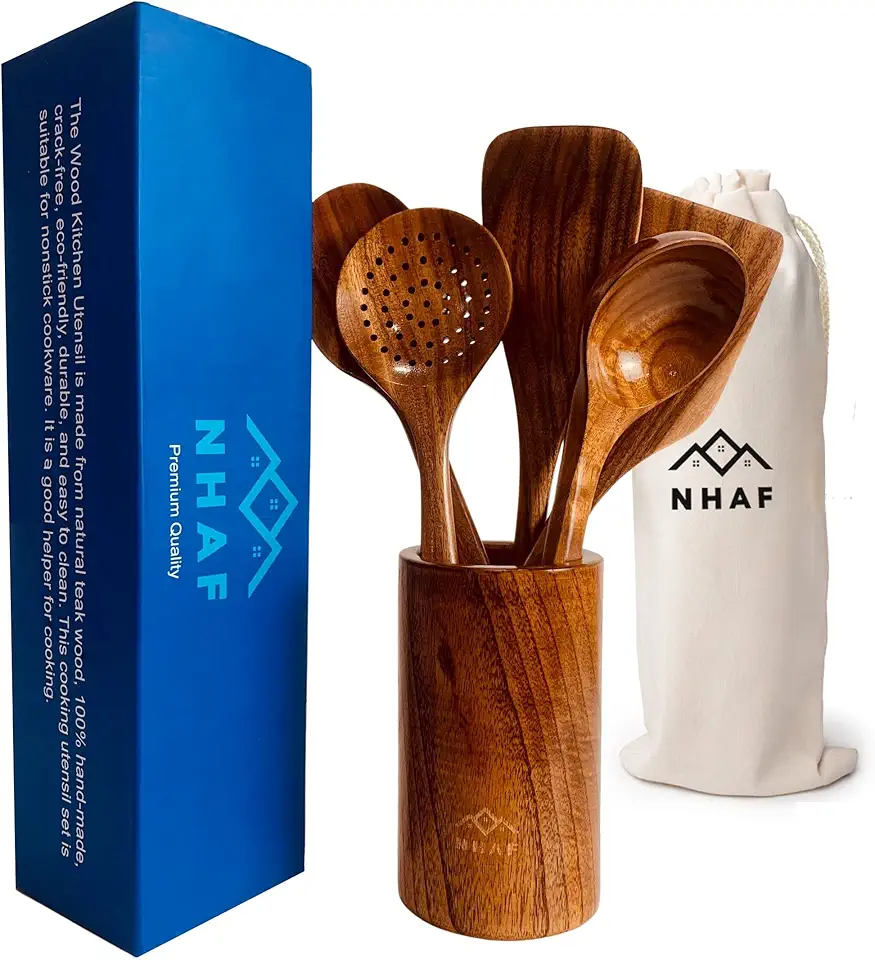 Premium Teak Healthy Spoons, Durable Eco-friendly Spatula, Wooden Utensils for Cooking set with Holder &amp; Canvas Bag, Wooden Cooking Utensils, Cooking Gifts for Mom, Wooden Spoons for Cooking