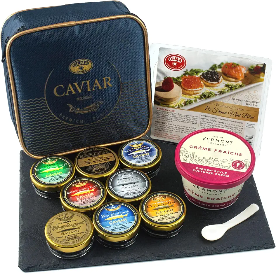 OLMA Caviar Taster Gift Set - 4 oz (112g) of Caviar, Includes 8 Varieties of Caviar Fish Roe (Beluga Sturgeon, Osetra, Kaluga Royal, Hackleback, &amp; more), Mini Blinis, Creme Fraiche &amp; Serving Spoon