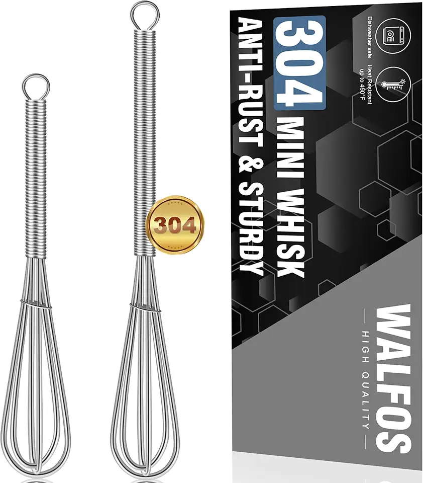 Walfos Mini Whisks Stainless Steel, Small Whisk 2 Pieces, 5in and 7in Tiny Whisk for Whisking, Beating, Blending Ingredients, Mixing Sauces