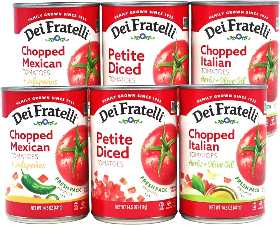 Dei Fratelli Cook&#x27;s Dinner Prep Variety Tomato Pack - Chopped Mexican, Chopped Italian, Petite Diced – Vine-Ripened Tomatoes - Non GMO, Gluten Free (14.5oz Cans, 6-Pack)