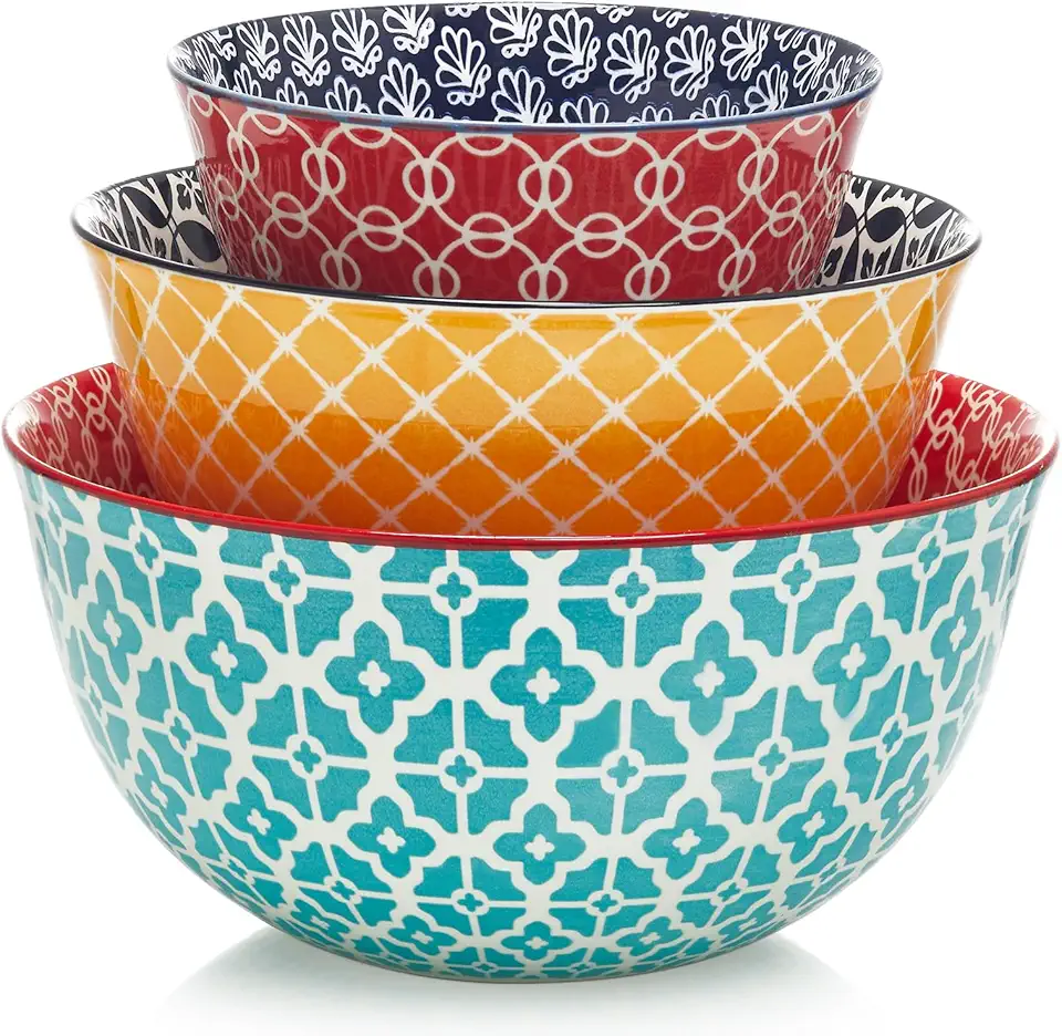 DOWAN Mixing Bowls, Ceramic Mixing Bowls for Kitchen, Colorful Vibrant Nesting Bowls for Cooking, Baking, Prepping, Serving, Salad, Housewarming Gift, Microwave Dishwasher Safe, 3.7/2/1 Qt, Set of 3