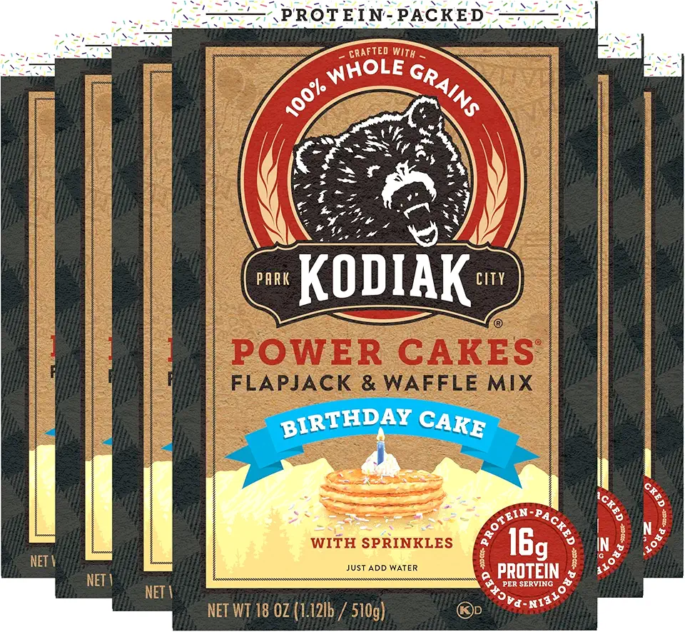 Kodiak Cakes Power Cakes - Protein Pancake Mix &amp; Waffle Mix - 100% Whole Grain- Birthday Cake Flavor (Pack of 6)