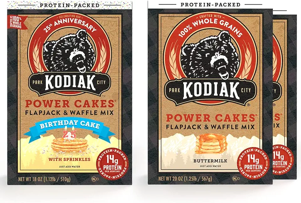 Kodiak Cakes Power Cakes Variety Pack Protein Pancake Mix &amp; Waffle Mix - 100% Whole Grain- Buttermilk (2, 20oz) and Birthday Cake (1, 18oz)