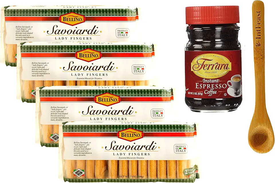 Bellino Savoiardi Lady Fingers for Tiramisu Italian Biscuits, 7 ounce (Pack of 4) Bundled with Ferrara Instant Espresso Coffee 2 ounce (Pack of 1) with Measuring Spoon by Intfeast