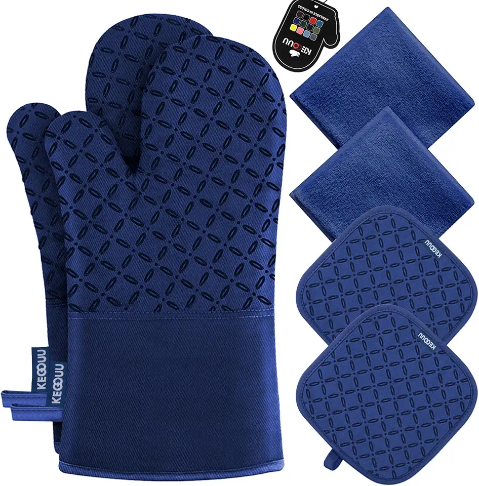 KEGOUU Oven Mitts and Pot Holders 6pcs Set, Kitchen Oven Glove High Heat Resistant 500 Degree Extra Long Oven Mitts and Potholder with Non-Slip Silicone Surface for Cooking(Marine Blue)