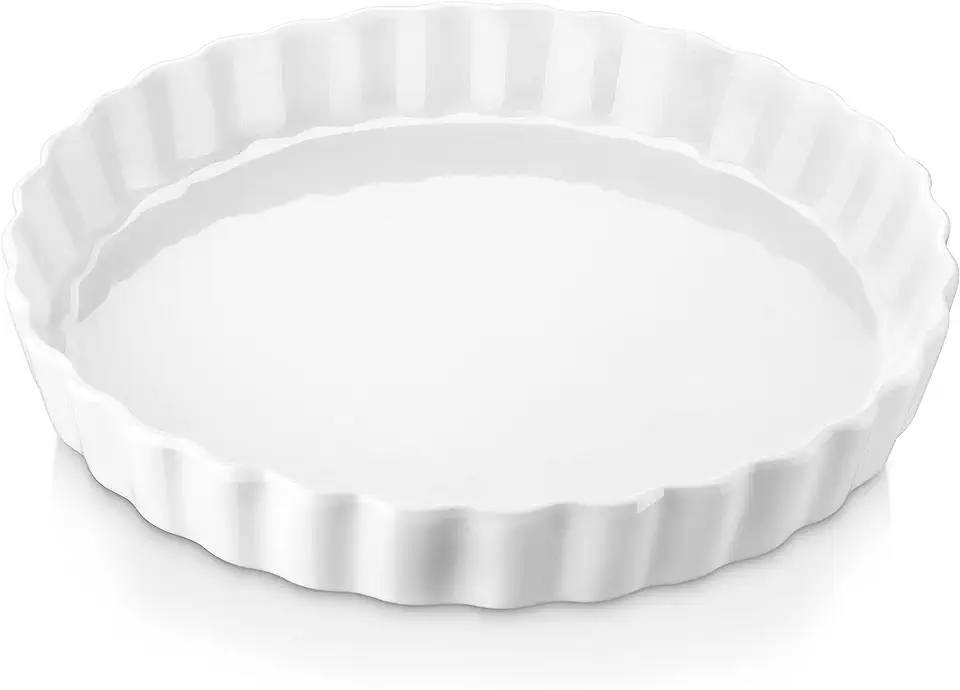 LOVECASA Porcelain Quiche Baking Dish,10 Inch Reusable Pie Pan Quiche Pan, Non-Stick Round Pie Dish, Tart Pan with Ruffled Edge,Pie Pan for Pies | Microwave,Dishwasher,and Oven Safe (White)