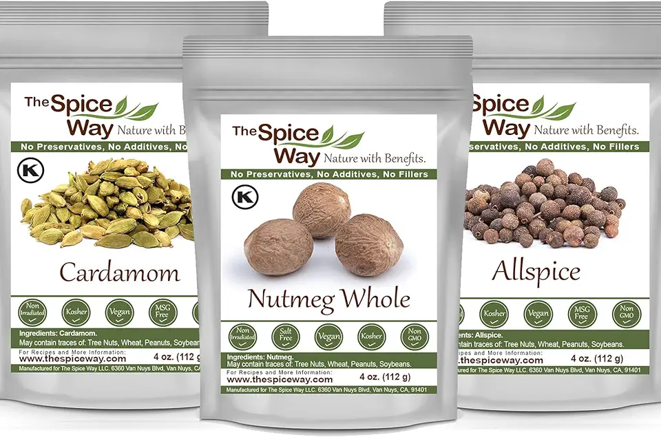 The Spice Way Nutmeg Whole, Allspice Whole and Cardamom Pods 4 oz each