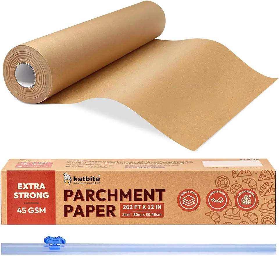 Unbleached Parchment Paper Roll for Baking 12in x 262ft, 260 Sq.Ft, Heavy Duty &amp; Non-stick Baking Paper with Slide Cutter, Brown Parchment Paper for Cooking, Air Fryer, Steaming, Bread