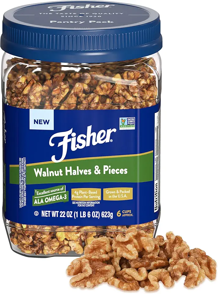 Fisher Chef&#x27;s Naturals Walnut Halves &amp; Pieces Pantry Pack PET 22 oz, 100% California Unsalted Walnuts for Baking &amp; Cooking, Topping, Great with Yogurt &amp; Cereal, Vegan Protein, Keto Walnut Snack Gluten Free, 100% Recyclable