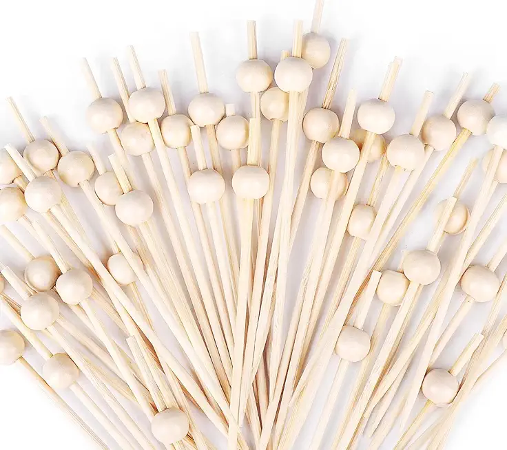 200PCS Cocktail Picks, Fancy Cocktail Toothpicks for Appetizers Picks, Bamboo Cocktail Skewers for Appetizers Wedding Party Toothpicks, Food Picks for Appetizers - Wooden Pearl (4.7 Inch)