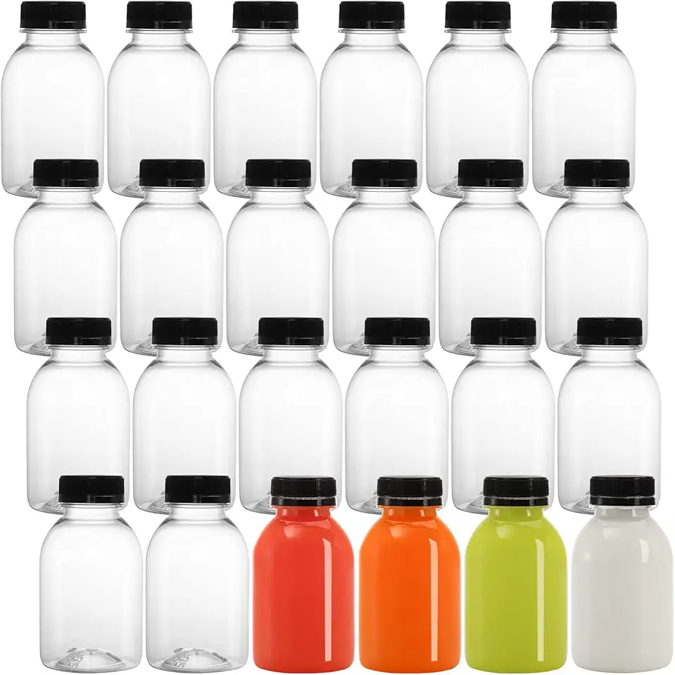 DEAYOU 24 Pack Plastic Juice Bottle, 8 OZ Empty Clear Beverage Bottle with Cap, Mini Reusable Drink Container with Black Tamper Evident Lid, Small Disposable Take Out Bottles for Milk, Cold Drinks