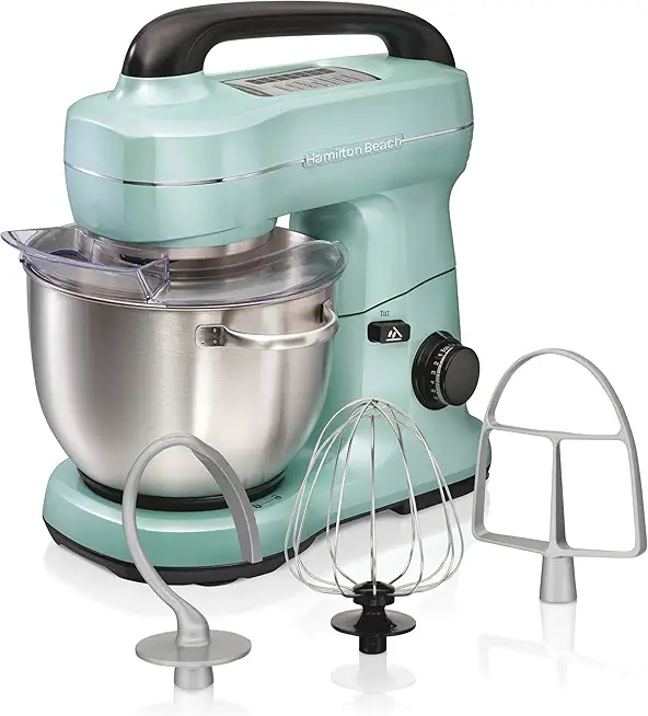 Hamilton Beach Electric Stand Mixer, 4 Quarts, Dough Hook, Flat Beater Attachments, Splash Guard, 7 Speeds with Whisk, Aqua