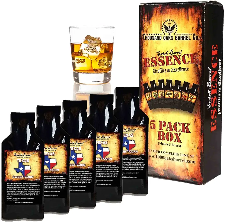 Texas Sweet Corn Whiskey Premium Essence 5 pack | Bootleg Kit Refills | Thousand Oaks Barrel Co. | Gourmet Flavor for Cocktails Mixers and Cooking | 20ml .65oz x 5 sachets