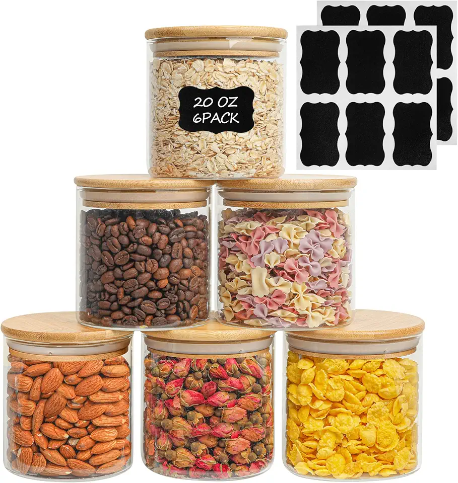 ComSaf Airtight Glass Food Storage Jars Set of 6, 20oz Clear Glass Food Storage Container with Sealing Wooden Lid, Stackable Spice Jar, Round Kitchen Canister for Sugar, Tea, Coffee bean, Pasta, Oat