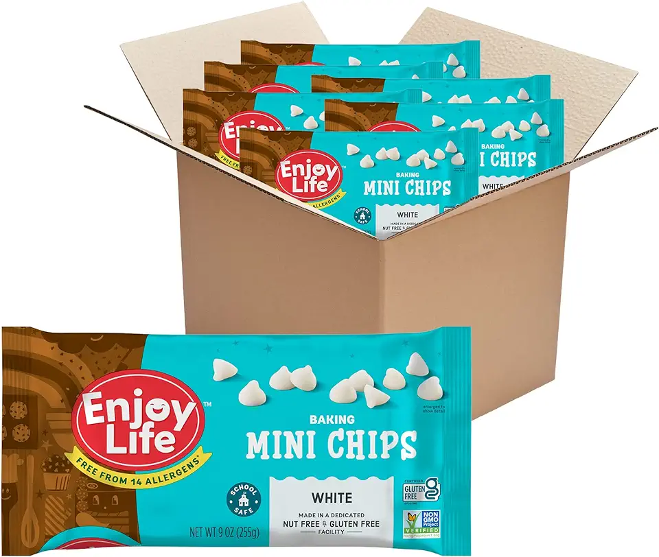 Enjoy Life Baking White Baking Chips, Dairy, Soy, &amp; Nut Free, Non GMO, Gluten Free, Vegan Chocolate Chips, 9 oz (Pack of 6), Bake The Best Brownies, Cakes, Cookies, &amp; Pancakes