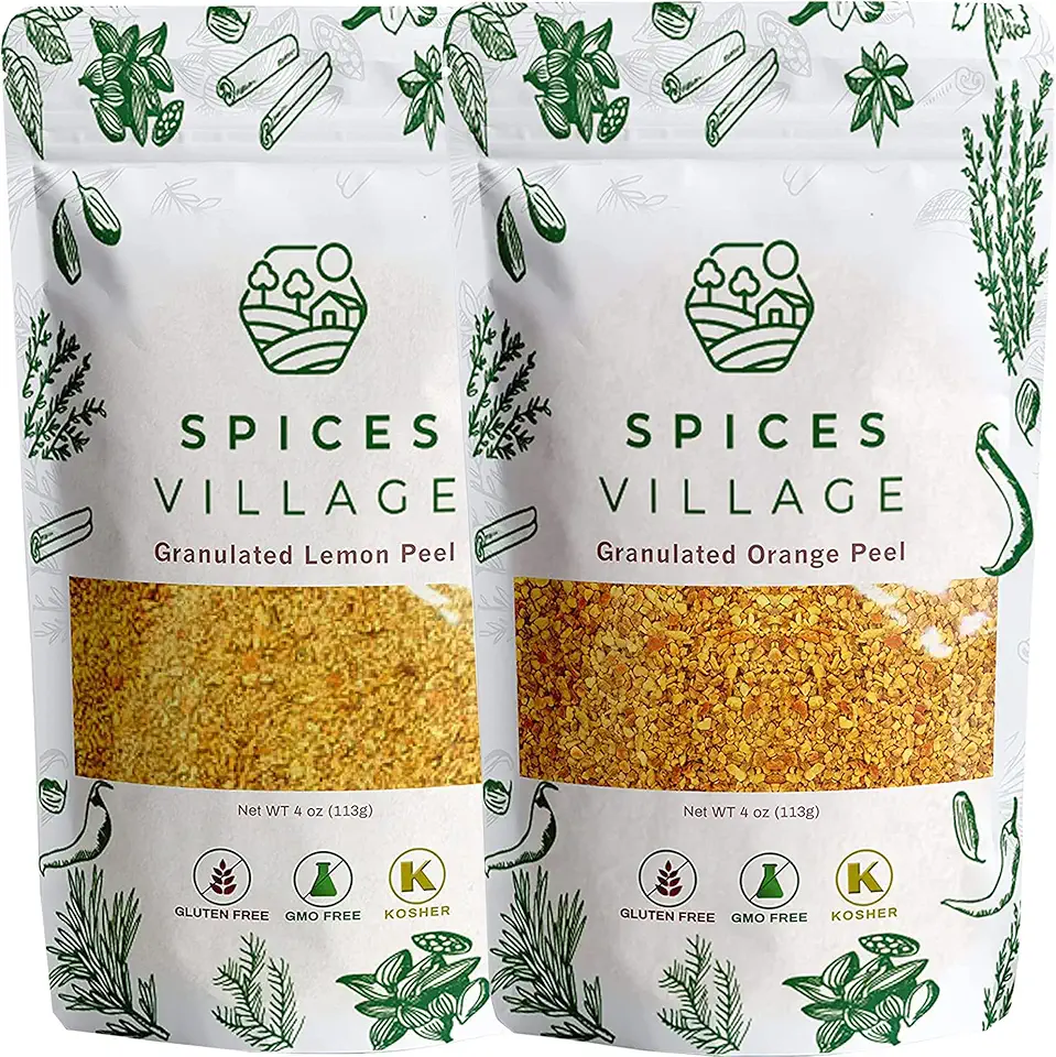 SPICES VILLAGE Lemon and Orange Peel Granules [ 4oz each ] - Orange Peel Zest, Lemon Peel Zest - Kosher, Gluten Free, Vegan, Non GMO, Resealable Bulk Bag