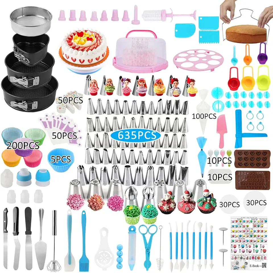 Cake Decorating Kit,635 Pcs Decorating Supplies With 3 Springform Pan Sets Icing Nozzles Rotating Turntable Cake Topper Piping Bags Carrier Holder,Cake Baking Set Tools