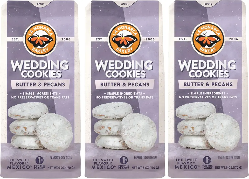 Mexican Wedding Cookies, 6 Ounce (Pack of 3), Buttery Cookies with Pecans and Dusted with Powdered Sugar by La Monarca Bakery