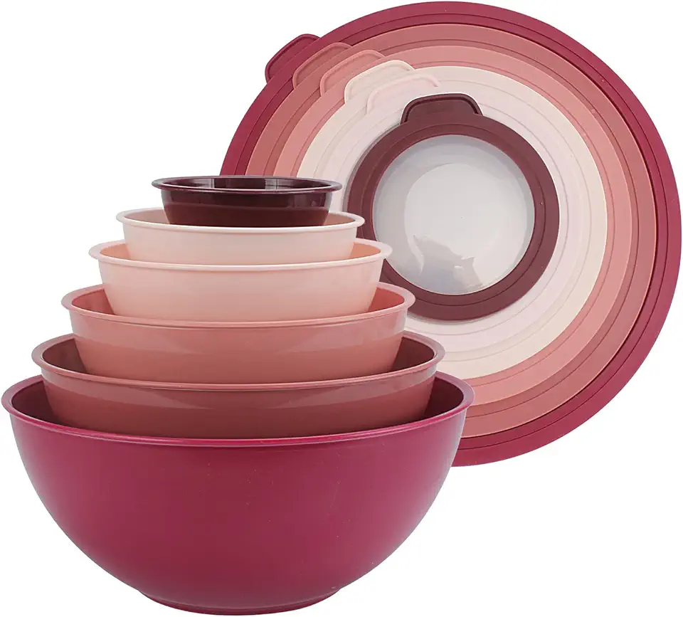 COOK WITH COLOR Mixing Bowls with TPR Lids - 12 Piece Plastic Nesting Bowls Set includes 6 Prep Bowls and 6 Lids, Microwave Safe (Rose)