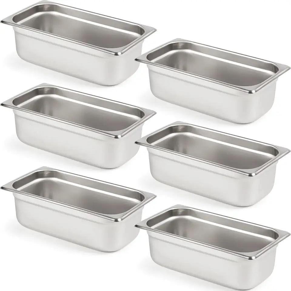 CURTA 6 Pack Anti-Jam Hotel Pans, 1/3 Size 4 Inch Deep, NSF Commercial 18/8 Stainless Steel Chafing Steam Table Pan, Catering Storage Metal Food Pan