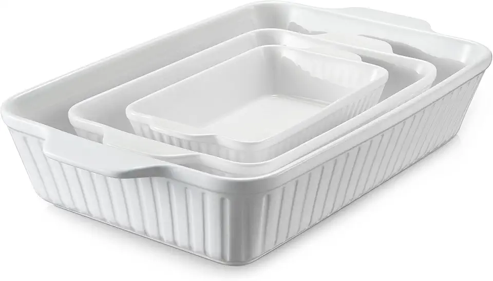 DOWAN Casserole Dishes for Oven, Baking Dishes Set, Ceramic Bakeware Sets of 3, Lasagna Pan Deep, Rectangular Baking Pan Set with Handles for Baking, Casserole, Kitchen, Wedding Gift, White (15.6&#x27;&#x27;/12.2&#x27;&#x27;/8.9&#x27;&#x27;)