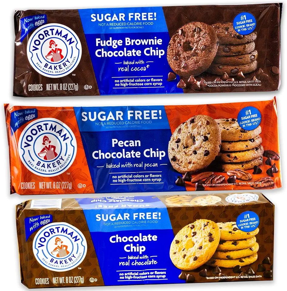 Voortman Sugar Free Cookies - Variety Pack - Chocolate Chip (1, 8oz pack) - Fudge Brownie Chocolate Chip (1, 8oz pack) - Pecan Chocolate Chip (1, 8oz pack) - 3 Packs Total