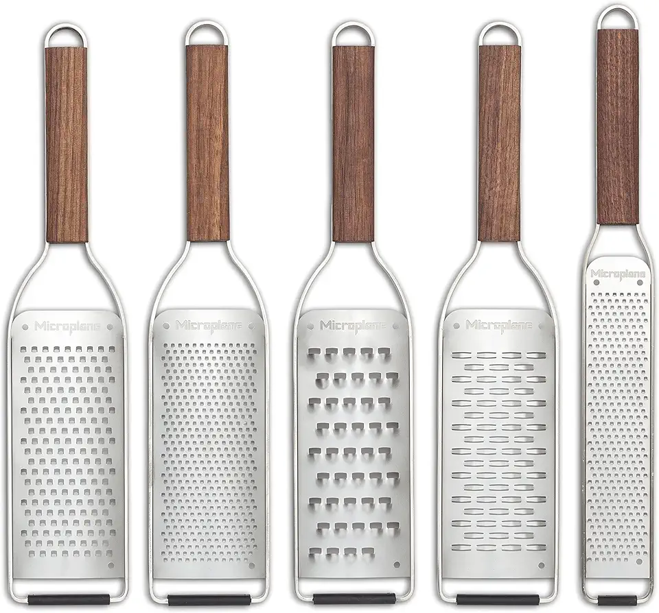 Microplane Master Series Stainless Steel Grater and Zester 5 Piece Gift Set with Walnut Wood Handles - Coarse, Fine, Ribbon, Extra Coarse and Zester Blades