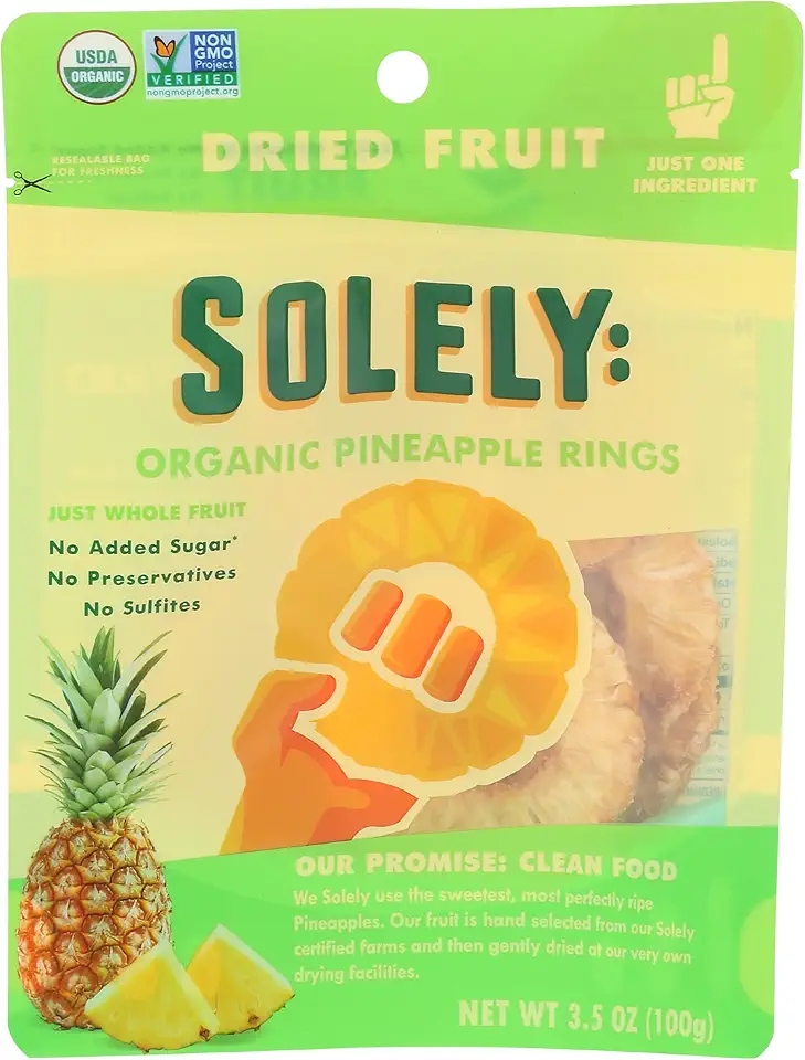 Solely Organic Dried Pineapple Rings, USDA Certified Organic, No Sugar Added, Vegan, Non-GMO, 3.5 Oz (Pack of 6)