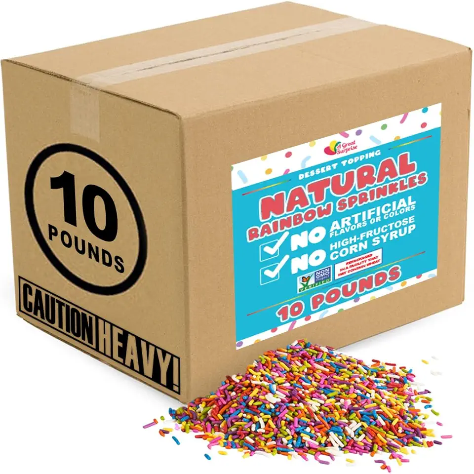 BULK Natural Rainbow Sprinkles - 10 LB Wholesale Sprinkles - NON GMO, Dye-Free Jimmies - Bulk Sprinkles No Artificial Dye for Cake Decorating - Great for Bakeries, Ice Cream Shops, Catering Large Parties