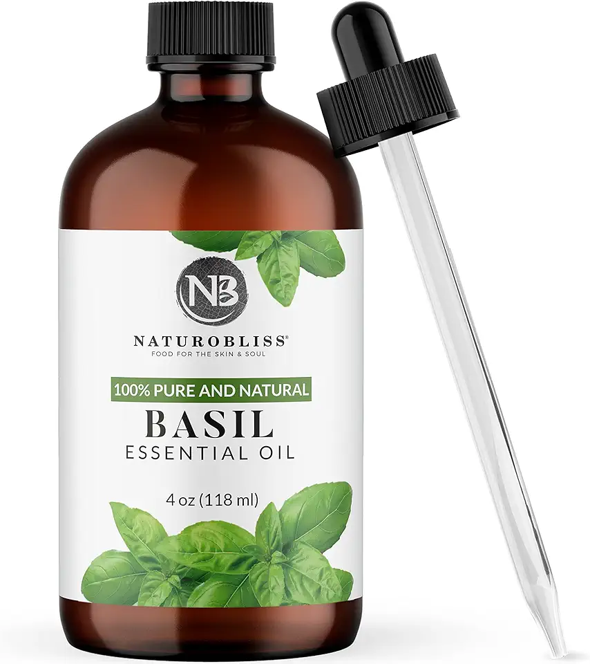 NaturoBliss 100% Pure Basil Essential Oil Therapeutic Grade Premium Quality (4 fl. oz) with Glass Dropper, Perfect for Aromatherapy