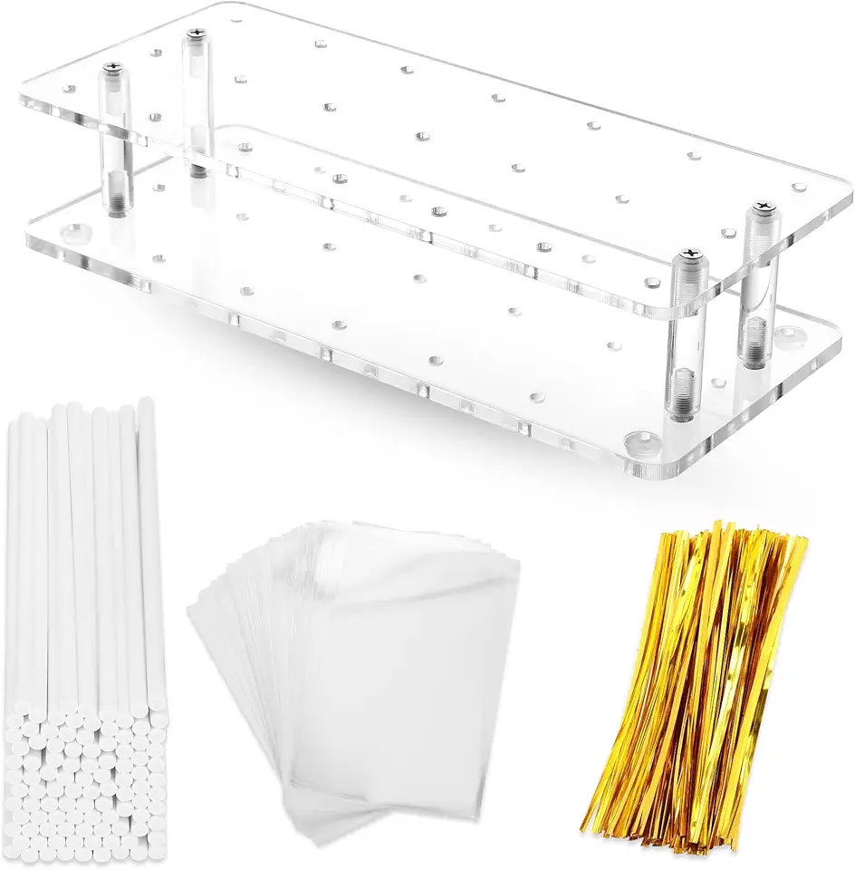 Goabroa Cake Pop Stand, 21 Holes Clear Acrylic Cake Pop Kit with 300 PCS Cake Pop Sticks and Wrappers, Cake Pop Making Accessories for Weddings Birthday Parties Baby Shower Halloween