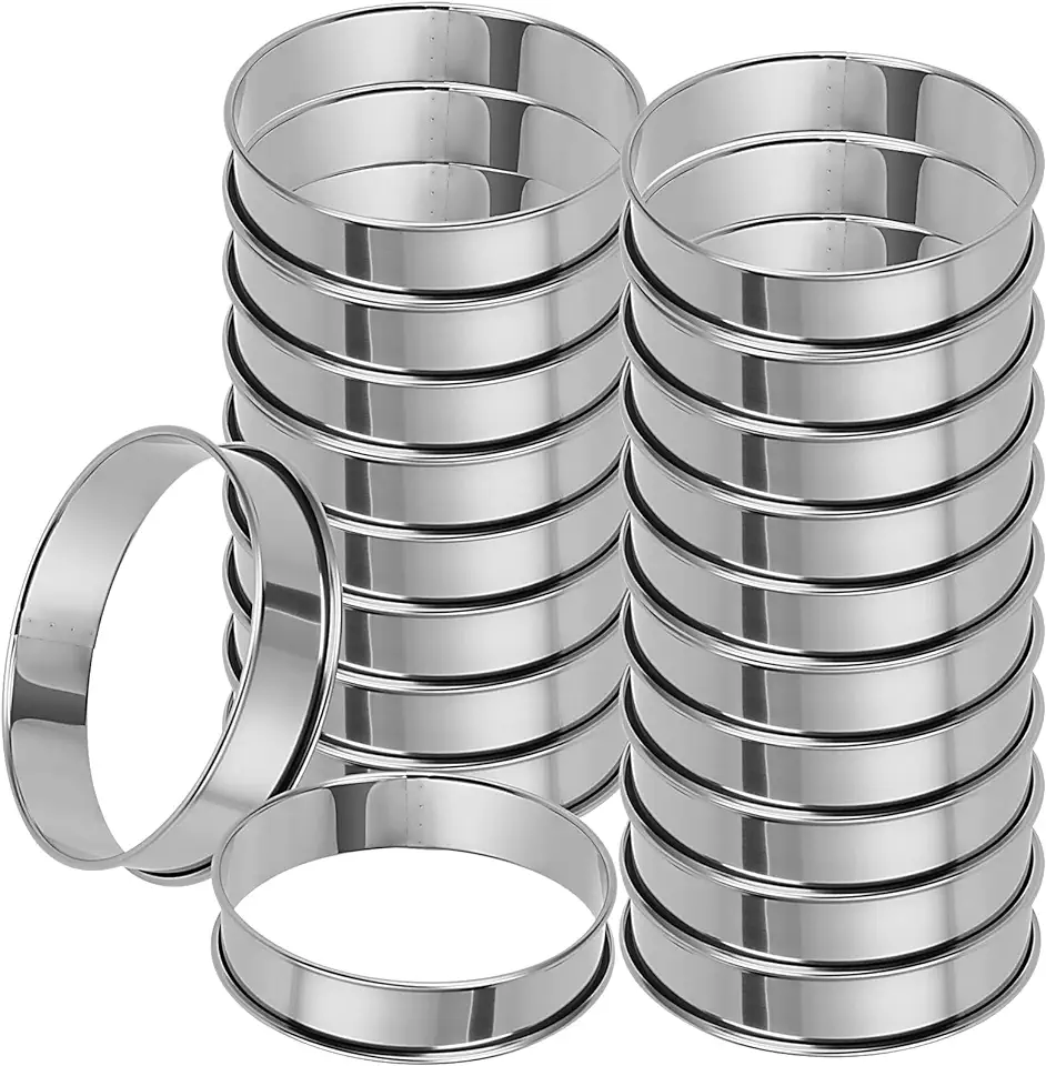 20 Pack 4 Inch English Muffin Rings, Double Rolled Tart Ring, Stainless Steel Crumpet Rings Nonstick Metal Round Ring Pastry Mold for Baking, Silver