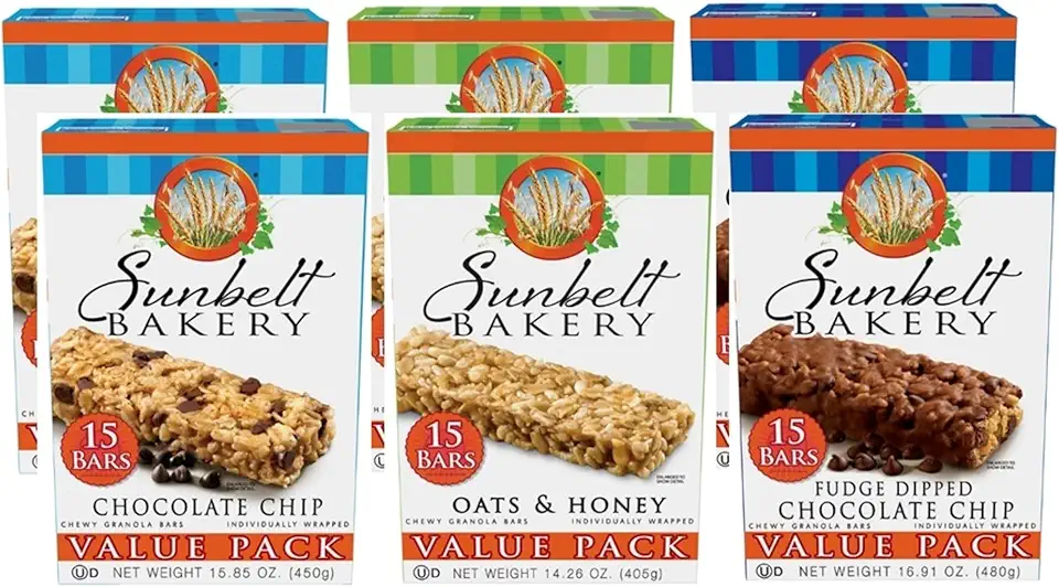 Sunbelt Bakery Value Pack Variety, 2 Boxes Each Of Oats &amp; Honey, Fudge Dipped Chocolate Chip, and Chocolate Chip, 90 Piece Assortment