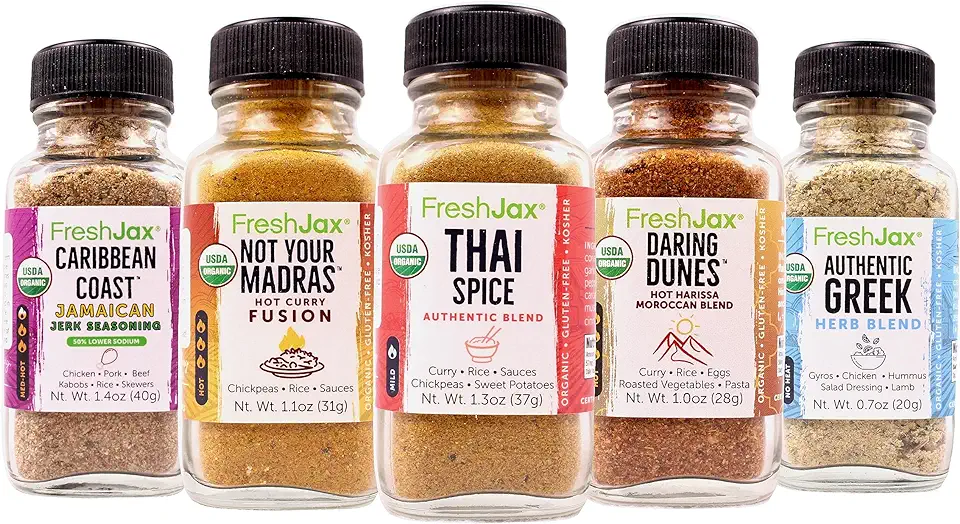 Freshjax International Spices Gift Set | 5 Sampler Sized Organic Spices and Seasonings | World of Flavors Seasoning Gift Set | Grilling Gifts for Men Packed in a Giftable Box