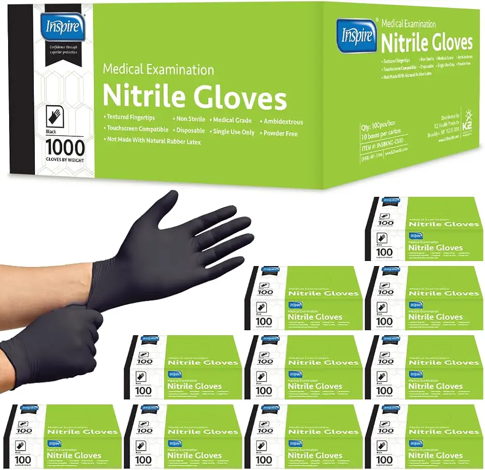 Inspire Black Nitrile Gloves | THE ORIGINAL Quality Black Gloves Disposable Latex Free | 4.5 Medical Gloves Cooking Gloves