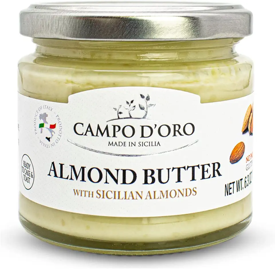 Almond Butter, Sweet Creamy Almond Spread, (6.35oz - 180 g). Product of Italy, made in Sicily. NON-GMO, Campo D&#x27;Oro