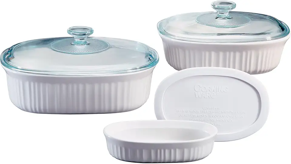 CorningWare Ceramic Bakeware Set with Lids, Chip and Crack Resistant Stoneware Baking Dish, Microwave, Dishwasher, Oven, Freezer and Fridge Safe, 6-Piece French White