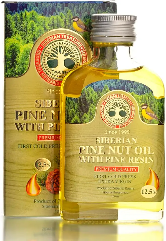 Siberian Pine Nut Oil Enriched with Pine Resin – 12.5%, Premium Quality, Extra Virgin, First Cold Press, 100 ml – 3.4 Fl Oz