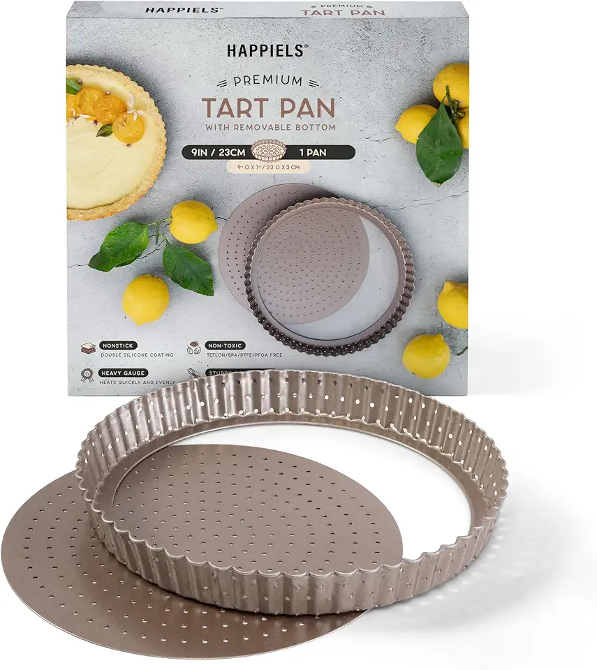 Nonstick Non Toxic 9 inch Tart Pan with Removable Bottom Perforated Non Stick Nontoxic Fluted Tart Mold | Quiche Pan | Carbon Steel Metal Pie Dish Gold | Tart Tin