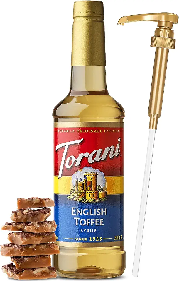 English Toffee Syrup 25.4 Ounces, Toffee Nut Syrup Torani with Little Squirt Syrup Pump