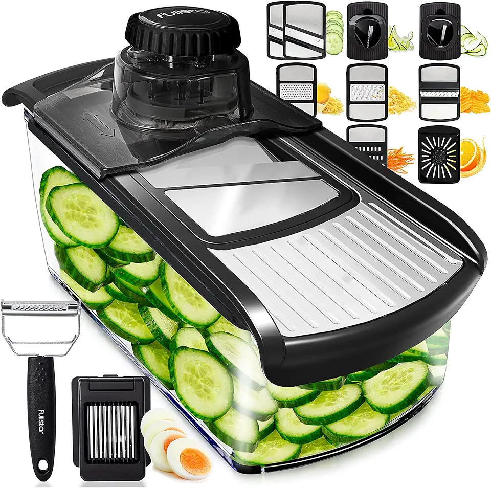 Fullstar Mandoline Slicer for Kitchen, Cucumber Slicer, Cheese Grater Vegetable Spiralizer and Veggie Slicer for Cooking, Kitchen Gadgets Organizer &amp; Safety Glove Included (11 in 1, Stainless Steel)